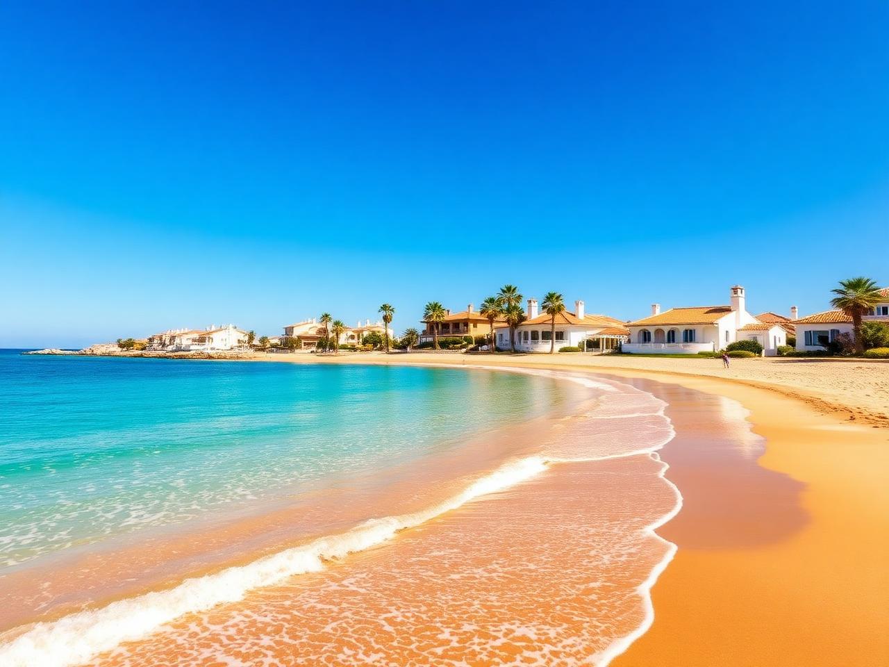 Spanish Mediterranean beach with golden sand, turquoise water and white coastal villas