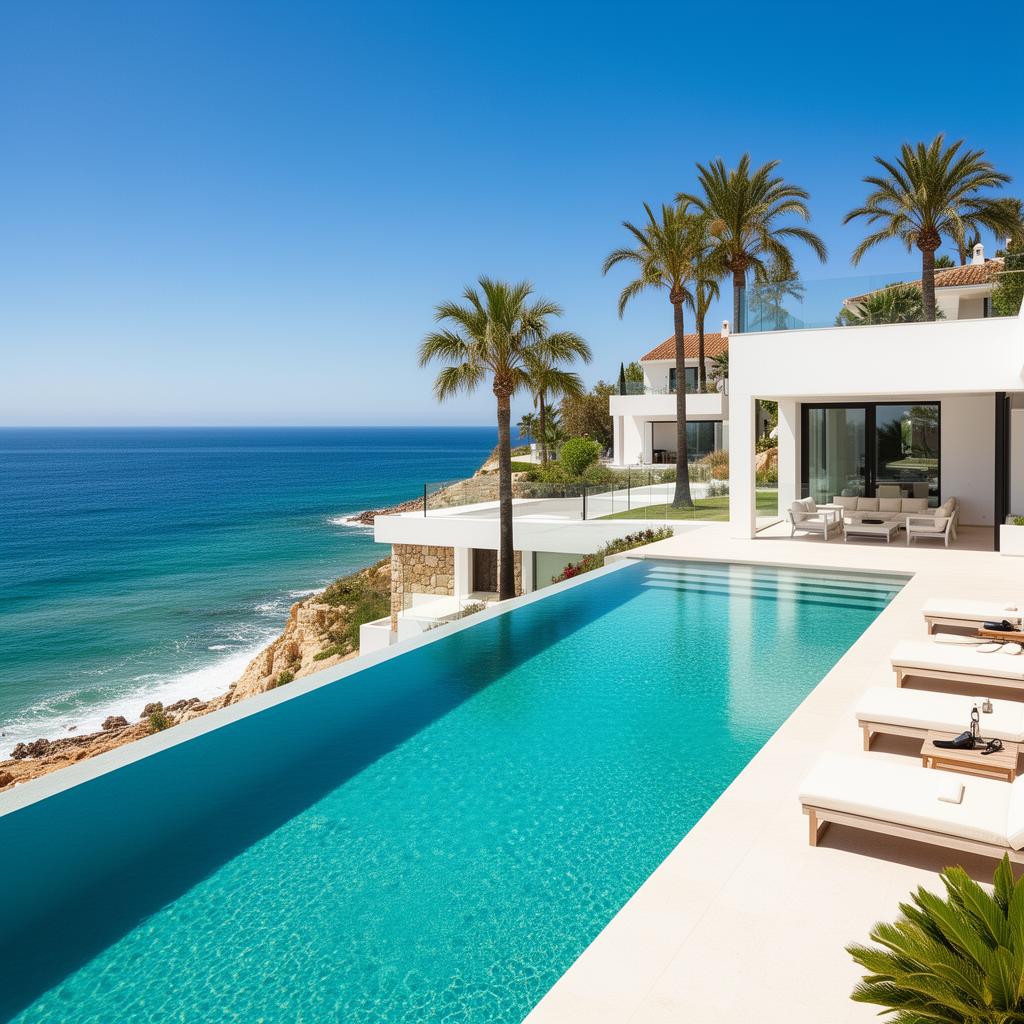 Whitewashed Spanish villa with terracotta roof and bougainvillea overlooking the Mediterranean