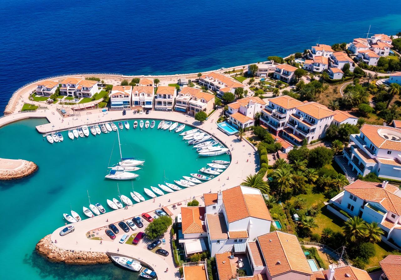 Aerial view of a Spanish Mediterranean marina with terracotta-roofed houses